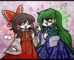 Rule 34 | 2girls, blue skirt, blush, brown hair, closed eyes, collared shirt, detached sleeves, frilled hair tubes, frilled ribbon, frills, frog, frog hair ornament, green eyes, green hair, hair between eyes, hair ornament, hair ribbon, hair tubes, hakurei reimu, japanese clothes, kochiya sanae, long hair, long skirt, long sleeves, medium hair, miko, multiple girls, musical note, neckerchief, nervous, nontraditional miko, open mouth, pink background, pleated skirt, red eyes, red ribbon, red skirt, red vest, ribbon, shirt, single hair tube, skirt, snake, snake hair ornament, speech bubble, spoken musical note, suenari (peace), tongue, touhou, very long hair, vest, white shirt, white sleeves, wide sleeves, yellow neckerchief