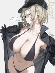 Rule 34 | ..., 1girl, absurdres, bikini, black bikini, black coat, black gloves, blonde hair, blue archive, blush, breasts, cleavage, closed mouth, coat, collarbone, freng, gloves, green eyes, halo, hat, highleg, highleg bikini, highres, large breasts, long sleeves, looking at viewer, navel, open clothes, open coat, peaked cap, police hat, signature, simple background, solo, spoken ellipsis, stomach, string bikini, suou (blue archive), swimsuit, trench coat, white background