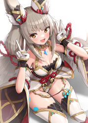 Rule 34 | 1girl, :d, absurdres, animal ears, breasts, brown eyes, cat ears, cleavage, commentary request, detached sleeves, double v, fangs, gloves, gonzarez, grey hair, highres, large breasts, leotard, long hair, looking at viewer, nia (blade) (xenoblade), nia (xenoblade), open mouth, simple background, sitting, smile, solo, thighhighs, thighs, v, white background, white gloves, white sleeves, white thighhighs, xenoblade chronicles (series), xenoblade chronicles 2