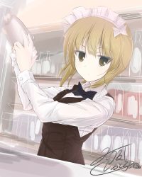 Rule 34 | 10s, 1girl, artist name, bad id, bad twitter id, bar (place), bartender, black bow, black bowtie, blonde hair, blunt bangs, bow, bowtie, brown vest, closed mouth, cocktail shaker, commentary, cutlass (girls und panzer), dress shirt, frown, getsumen suibaku ver. a(c), girls und panzer, handkerchief, highres, holding, long sleeves, looking at viewer, maid headdress, school uniform, shirt, short hair, signature, sketch, solo, standing, upper body, vest, white shirt, wing collar, yellow eyes