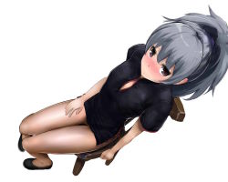 Rule 34 | 1girl, bakkanki, blush, breasts, brown eyes, china dress, chinese clothes, darker than black, dress, grey hair, long hair, looking at viewer, ponytail, simple background, sitting, small breasts, solo, white background, yin (darker than black)