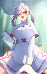 1girl absurdres ahoge bandaged_arm bandages belt blush breasts clipboard collared_dress cross_hat_ornament curtains dress fang gloves grey_hair hair_over_one_eye hat highres holding holding_clipboard infirmary large_breasts long_hair looking_at_viewer mole mole_under_eye nijisanji nurse_cap open_mouth pink_eyes revision short_sleeves sitting skin_fang smile solo spread_legs sukoya_kana sukoya_kana_(1st_costume) thighs twintails virtual_youtuber white_belt white_dress white_gloves white_hat white_wrist_cuffs wrist_cuffs yawamochi27