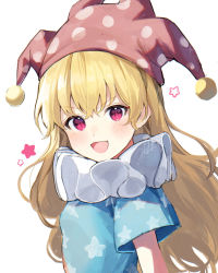 Rule 34 | 1girl, american flag shirt, artist name, blonde hair, blue shirt, blush, breasts, clownpiece, hair between eyes, hat, highres, jester cap, jill 07km, long hair, looking at viewer, multicolored clothes, multicolored shirt, neck ruff, no wings, open mouth, pink eyes, pink hat, polka dot, red shirt, shirt, short sleeves, simple background, small breasts, smile, solo, star (symbol), star print, touhou, upper body, v-shaped eyebrows, white background