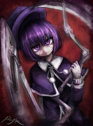 Rule 34 | 1girl, artist name, bandaged hand, bandages, bob cut, capelet, expressionless, franken fran, hat, holding, holding weapon, jitome, long sleeves, madaraki veronica, making-of available, mechanical arms, purple eyes, purple hair, ray-k, scythe, short hair, signature, single mechanical arm, solo, stitched face, stitches, weapon