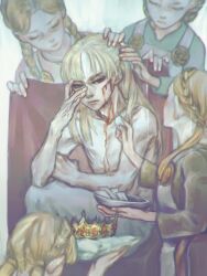 Rule 34 | 1boy, 4girls, androgynous, apron, blonde hair, blood, blood on chest, blood on face, blue eyes, bowl, braid, canute, crown, crown braid, facial scar, gem, gold, hand on another&#039;s head, hand on own face, highres, long hair, multiple girls, nipples, prince, scar, scar on cheek, scar on face, sitting, spring deers, topless male, viking, vinland saga