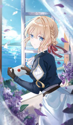 Rule 34 | 1girl, black gloves, blonde hair, blue jacket, blue sky, braid, closed mouth, cloud, commentary request, curtains, day, envelope, flower, gloves, hair between eyes, hair intakes, hair ribbon, highres, holding, holding envelope, indoors, iren lovel, jacket, juliet sleeves, long sleeves, looking at viewer, looking back, open window, petals, puffy sleeves, purple flower, red ribbon, ribbon, skirt, sky, solo, transparent, violet evergarden, violet evergarden (series), water, white skirt, window