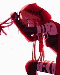 Rule 34 | 1girl, arm strap, armpits, blood, blood drip, blood on face, blood splatter, blood on clothes, blood on hands, bloody weapon, braid, cloak, elbow gloves, gloves, gnu 1234, hair extensions, highres, holding, holding sword, holding weapon, hood, idolmaster, idolmaster cinderella girls, leather armor, ninomiya asuka, orange hair, rapier, red eyes, red hair, sadism, short hair, smile, solo, stab, sword, thigh strap, thighhighs, violence, weapon