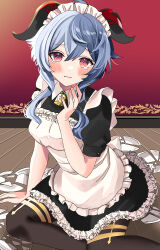 Rule 34 | 1girl, absurdres, apron, atto silia, bell, black dress, blue hair, blush, broken plate, dress, frilled apron, frills, ganyu (genshin impact), genshin impact, hand to own mouth, highres, horns, long hair, looking at viewer, maid apron, maid headdress, neck bell, pantyhose, parted lips, pink eyes, plate, sitting, solo, tearing up, white apron, wooden floor, yokozuwari