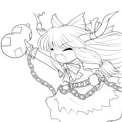 Rule 34 | 1girl, absurdres, chain, chibi, closed eyes, fangs, female focus, gourd, greyscale, highres, horn ornament, horn ribbon, horns, ibuki suika, lineart, long hair, monochrome, open mouth, ribbon, solo, touhou, transparent background, yume shokunin