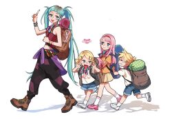 1boy 3girls backpack bag black_pants blonde_hair blue_shorts boots bracelet brown_footwear closed_mouth clothes_around_waist commentary_request crying enosst frown green_eyes green_hair hair_ornament hairpin hatsune_miku highres jacket jacket_around_waist jewelry kagamine_len kagamine_rin long_hair looking_at_another looking_back megurine_luka multiple_girls multiple_hairpins open_mouth pants red_shirt running shirt shorts skirt smile socks tank_top tongue tongue_out twintails vocaloid walking white_sneakers white_socks yellow_skirt