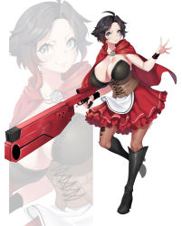 Rule 34 | 1girl, absurdres, alternate breast size, black footwear, black hair, boots, breasts, bustier, cape, cleavage, closed mouth, dress, frilled skirt, frills, full body, grey eyes, gun, high heel boots, high heels, highres, holding, holding gun, holding weapon, large breasts, lulu-chan92, multicolored hair, pantyhose, red dress, ruby rose, rwby, short hair, skirt, smile, solo, streaked hair, weapon, white background, wristband