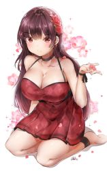 Rule 34 | 1girl, absurdres, alternate costume, bad anatomy, bare legs, bare shoulders, barefoot, black choker, blush, breasts, brown hair, bullpup, choker, cleavage, clip studio paint (medium), closed mouth, collarbone, dress, flower, frown, girls&#039; frontline, gun, hair flower, hair ornament, highres, hiromaster sinta jh, jewelry, large breasts, long hair, looking at viewer, petals, plaid, plaid dress, red dress, red flower, red rose, rifle, rose, seiza, sitting, sleeveless, sleeveless dress, sniper rifle, solo, wa2000 (girls&#039; frontline), walther, walther wa 2000, weapon