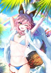 Rule 34 | 1girl, ;d, ahoge, arms up, bad id, bad pixiv id, bangle, beach towel, bikini, blue bikini, blue sky, blush, bracelet, breasts, brown eyes, cleavage, collarbone, cowboy shot, day, fate/grand order, fate (series), food, fox tail, highres, hm (wonhml), holding, jewelry, large breasts, long hair, navel, necklace, one eye closed, open mouth, outdoors, palm tree, pendant, pink hair, rainbow, red ribbon, ribbon, see-through, shirt, short sleeves, side-tie bikini bottom, sky, smile, solo, sparkle, standing, stomach, strap gap, string bikini, swimsuit, tail, tamamo (fate), tamamo no mae (fate/extra), tamamo no mae (swimsuit lancer) (fate), tamamo no mae (swimsuit lancer) (second ascension) (fate), tamamo no mae (swimsuit lancer) (third ascension) (fate), tied shirt, towel, towel around neck, tree, water drop