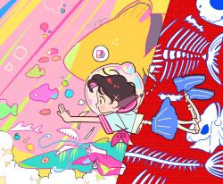 Rule 34 | 1girl, absurdres, air bubble, blue footwear, blue skirt, brown eyes, brown hair, bubble, colorful, commentary, dolman (dm), fish, fish skeleton, from side, hair ornament, highres, miniskirt, multicolored background, original, outstretched arms, paper, pink background, pink bag, pink sailor collar, profile, red background, revealing layer, sailor collar, sailor shirt, school uniform, serafuku, shirt, shoes, short hair, skeleton, skirt, solo, swimming, symbol-only commentary, white shirt, x hair ornament