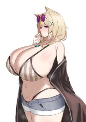 Rule 34 | 1girl, absurdres, alternate breast size, animal ears, arknights, bikini, blonde hair, braid, breasts, brown jacket, denim, denim shorts, highres, huge breasts, jacket, looking at viewer, navel, noe (ppppriver), purple eyes, short shorts, shorts, simple background, solo, sunglasses, swimsuit, thigh gap, twin braids, utage (arknights), utage (summer flowers) (arknights), white background
