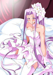 Rule 34 | 1girl, bare shoulders, bridal veil, dress, fate/grand order, fate/stay night, fate (series), flower, frills, gloves, long hair, looking at viewer, medusa (fate), medusa (rider) (fate), purple hair, rose, smile, solo, strapless, strapless dress, veil, very long hair, warabimochi, wedding dress, white dress, white gloves