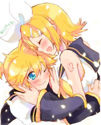 Rule 34 | 1boy, 1girl, bare shoulders, black collar, black sleeves, blonde hair, blue eyes, blush, bow, brother and sister, closed eyes, closed mouth, collar, commentary, crop top, detached sleeves, hair bow, hair ornament, hairclip, hands on another&#039;s face, highres, hug, kagamine len, kagamine rin, nail polish, neckerchief, one eye closed, open mouth, sailor collar, school uniform, shiroro69, shirt, short hair, short ponytail, short sleeves, shoulder tattoo, siblings, sleeveless, sleeveless shirt, smile, spiked hair, swept bangs, tattoo, translated, twins, upper body, vocaloid, white bow, white shirt, yellow nails, yellow neckerchief