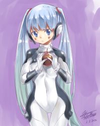 Rule 34 | 1girl, 2020, apple, blue eyes, bodysuit, breasts, closed mouth, collarbone, cowboy shot, dated, eden&#039;s zero, food, fruit, hermit mio, holding, holding food, holding fruit, long hair, mashima hiro, official art, pilot suit, purple background, red apple, silver hair, small breasts, solo, standing, thigh gap, twintails, twintails day, very long hair, white bodysuit, wide hips