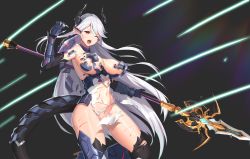 Rule 34 | armor, bad id, bad pixiv id, blood, blood on face, breasts, epic seven, highres, horns, large breasts, luna (epic seven), nipples, polearm, red eyes, solo, spear, tail, torn clothes, wangjook (wj), weapon, white hair