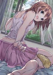 Rule 34 | 1girl, bare arms, bare shoulders, barefoot, blue eyes, brown hair, commentary request, curtains, from behind, from below, holding, hoshimaemi, indoors, looking at viewer, medium hair, original, pink skirt, plant, see-through, shirt, sitting, skirt, solo, white shirt, window