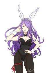 Rule 34 | 1girl, animal ears, bad id, bad twitter id, breasts, camilla (fire emblem), camilla (spring) (fire emblem), cleavage, cleavage cutout, clothing cutout, fake animal ears, fire emblem, fire emblem fates, fire emblem heroes, hair over one eye, highres, kyou (ningiou), large breasts, leotard, long hair, looking at viewer, nintendo, pantyhose, playboy bunny, purple hair, rabbit ears, simple background, smile, solo, solo focus, white background