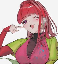 Rule 34 | 1girl, blunt bangs, earrings, eip 190, gnosia, heart, heart earrings, heart tattoo, high ponytail, jewelry, long hair, long sleeves, looking at viewer, nail polish, one eye closed, red hair, smile, solo, sq (gnosia), tattoo, turtleneck, upper body