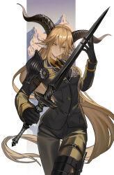 Rule 34 | 1girl, animal ears, arknights, black gloves, black jacket, black pants, black shirt, blonde hair, breasts, degenbrecher (arknights), gloves, goat ears, goat girl, goat horns, goat tail, highres, holding, holding sword, holding weapon, horns, imone illust, jacket, long hair, looking at viewer, medium breasts, necktie, pants, shirt, solo, sword, very long hair, weapon, yellow eyes