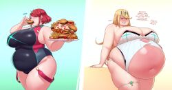 Rule 34 | 2girls, absurdres, alternate body size, better-with-salt, big belly, blonde hair, breasts, burger, casual one-piece swimsuit, cleavage, closed eyes, earrings, eating, fat, food, green background, headpiece, highres, hot dog, huge breasts, jewelry, long hair, multicolored background, multiple girls, mythra (radiant beach) (xenoblade), mythra (xenoblade), obese, one-piece swimsuit, pizza, plate, pyra (pro swimmer) (xenoblade), pyra (xenoblade), red hair, red one-piece swimsuit, ribbed swimsuit, short hair, simple background, skindentation, standing, strapless, striped clothes, striped one-piece swimsuit, swept bangs, swimsuit, thick thighs, thigh strap, thighs, tiara, torn clothes, two-tone swimsuit, vertical-striped clothes, vertical-striped one-piece swimsuit, xenoblade chronicles (series), xenoblade chronicles 2, yellow background