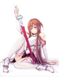 Rule 34 | 10s, 1girl, arm support, armor, asuna (sao), bad id, bad pixiv id, bare shoulders, blush, brown eyes, brown hair, detached sleeves, full body, high heels, highres, leg up, legs, long hair, long legs, pen (steelleets), shoes, sitting, smile, solo, sword, sword art online, thighhighs, thighs, weapon, white background, white thighhighs