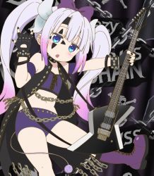 Rule 34 | 10s, 1girl, alternate costume, alternate hairstyle, black nails, blue eyes, blunt bangs, boots, bow, chain, chestnut mouth, choker, cloak, collar, crop top, electric guitar, facepaint, fingerless gloves, gloves, grey hair, guitar, hair bow, headband, highres, horns, instrument, jacket, kanna kamui, kobayashi-san chi no maidragon, m/, midriff, multicolored hair, nail polish, pink hair, punk, punkish gothic, screencap, short shorts, shorts, spikes, stitched, studded bracelet, studded collar, studded jacket, tail, thighs, third-party edit, torn clothes, torn coat, twintails, two-tone hair, wristband