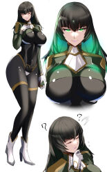 Rule 34 | 1girl, ?, allmind (armored core 6), armored core, armored core 6, black bodysuit, black hair, bodysuit, boots, breasts, closed eyes, colored inner hair, flying sweatdrops, full body, green eyes, green hair, hand on own chest, hand on own chin, high heel boots, high heels, highres, kumakichi (cost-lost), large breasts, long hair, looking at viewer, multicolored hair, multiple views, original, personification, shrug (clothing), smile