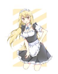 Rule 34 | 168 azusa, 1girl, alternate costume, apron, black dress, blonde hair, blue ribbon, breasts, cleavage, commentary request, cropped legs, detached collar, dress, enmaided, hand on own hip, highres, large breasts, light blush, looking at viewer, maid, maid apron, maid headdress, neck ribbon, open mouth, ribbon, shokuhou misaki, short sleeves, solo, sparkling eyes, sweatdrop, toaru kagaku no mental out, toaru kagaku no railgun, toaru majutsu no index, two-tone background, yellow pupils