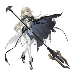 Rule 34 | 1girl, absurdres, asukayou, black cape, blonde hair, blue eyes, bodysuit, cape, commentary, cyborg, earrings, full body, gauntlets, grey bodysuit, hair ornament, high heels, highres, holding, holding polearm, holding spear, holding weapon, jewelry, joints, long hair, looking at viewer, mecha musume, mechanical arms, original, parted lips, polearm, prosthesis, prosthetic arm, robot joints, science fiction, simple background, single gauntlet, single mechanical arm, skin tight, solo, spear, standing, turtleneck, twitter username, weapon, white background