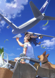 Rule 34 | 1girl, :d, aircraft, airplane, animal, arm at side, bag, bicycle, bicycle basket, blue ribbon, blue shorts, blue sky, blurry, blush, brand name imitation, brown eyes, brown hair, buckle, collar, commentary request, day, depth of field, dog, floating hair, from behind, from below, hair ribbon, hand up, highres, holding, long hair, open mouth, original, outdoors, pairan, paper airplane, ribbon, shirt, shopping bag, short sleeves, shorts, sideways mouth, sky, smile, solo, spring onion, sweatband, twintails, vehicle focus, white shirt, wind