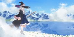 Rule 34 | 1girl, ankle boots, arms at sides, azuuru, black hat, black robe, blue eyes, blue skirt, blue sky, boots, braid, breasts, broom, closed mouth, cloud, day, elaina (majo no tabitabi), female focus, flower, from side, full body, hat, high-waist skirt, highres, long hair, long sleeves, looking at viewer, majo no tabitabi, mountain, no socks, ocean, official art, open clothes, outdoors, robe, scenery, shirt, skirt, sky, small breasts, smile, solo, standing, white hair, white shirt, wide sleeves, witch, witch hat
