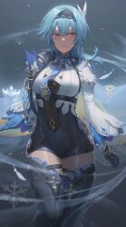 Rule 34 | 1girl, absurdres, black gloves, black hairband, black leotard, black thighhighs, blue cape, blue hair, blue necktie, blush, breasts, cape, commentary, eula (genshin impact), free style (yohan1754), genshin impact, gloves, hair ornament, hairband, highres, jewelry, large breasts, leotard, long sleeves, looking at viewer, medium hair, necktie, pendant, purple eyes, sidelocks, snowflakes, solo, thighhighs, thighs, vision (genshin impact)