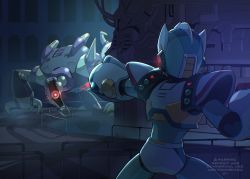 Rule 34 | 1boy, absurdres, android, arm cannon, commentary, cowboy shot, english text, facing away, from behind, glowing, helmet, highres, indoors, legs apart, looking at another, male focus, mega man (character), mega man (series), mega man x2, mega man x (series), robot, second armor x (mega man), solo, standing, tanaka (is2 p), weapon, x (mega man)