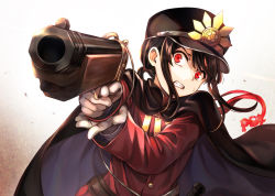 Rule 34 | 1boy, black cape, black hair, black hat, brown background, cape, clenched teeth, commentary request, crest, eyebrows hidden by hair, family crest, fate/grand order, fate (series), gloves, gradient background, gun, hat, highres, holding, holding gun, holding weapon, jacket, koha-ace, long hair, long sleeves, looking at viewer, male focus, oda nobukatsu (fate), oda uri, peaked cap, red eyes, red jacket, sleeves past wrists, solo, sweat, tachitsu teto, teeth, upper body, weapon, white background, white gloves