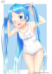 Rule 34 | 10s, 1girl, ;d, alternate costume, bare arms, bare shoulders, blue eyes, blue hair, blue nails, blush, bunching hair, eyebrows, flying sweatdrops, gradient hair, kantai collection, long hair, looking at viewer, mae (maesanpicture), matching hair/eyes, multicolored hair, nail polish, name tag, numbered, one-piece swimsuit, one eye closed, open mouth, samidare (kancolle), school swimsuit, smile, solo, swimsuit, twitter username, very long hair, white school swimsuit, white one-piece swimsuit