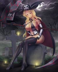 Rule 34 | 1girl, :q, absurdres, adjusting clothes, adjusting legwear, bare tree, black footwear, black thighhighs, blonde hair, blush, boots, breasts, candle, cape, cleavage, cloud, cloudy sky, covered erect nipples, cross, elbow gloves, fire, fire, fog, full body, full moon, garter straps, gloves, grass, grave, graveyard, hat, hat ornament, heart, high heel boots, high heels, highres, holding, holding scythe, holding weapon, huge weapon, large breasts, leotard, long hair, looking at viewer, mole, mole under mouth, moon, navel, night, night sky, outdoors, parted bangs, peace symbol, red eyes, revealing clothes, scythe, senran kagura, senran kagura shinovi versus, shiki (senran kagura), shiny skin, skindentation, skull, sky, smile, solo, thigh boots, thighhighs, thighs, tombstone, tongue, tongue out, tree, two-tone cape, warmcummies, weapon