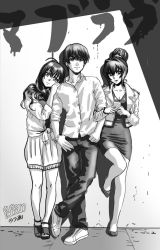 Rule 34 | 1boy, 2girls, aged up, breasts, cellphone, cleavage, collarbone, collared shirt, foot against wall, greyscale, hair bun, hair intakes, highres, holding, holding phone, jacket, kagami sumika, leaning on person, leaning to the side, locked arms, medium breasts, mitsurugi meiya, monochrome, multiple girls, muv-luv, pants, phone, popgun (22882502), shirogane takeru, shirt, shoes, shorts, smartphone, smile, sneakers, sweater