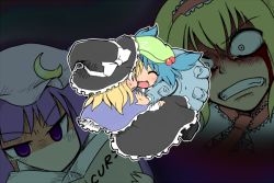 Rule 34 | 4girls, :3, [], ^ ^, alice margatroid, angry, blonde hair, blood, bloody tears, blue hair, blunt bangs, book, bow, capelet, closed eyes, constricted pupils, crescent, english text, female focus, frills, glomp, hair bobbles, hair ornament, hairband, happy, hat, hat bow, hug, jealous, kawashiro nitori, kirisame marisa, multiple girls, open book, patchouli knowledge, purple eyes, purple hair, short hair, smile, surprised, sweatdrop, tears, touhou, twintails, two side up, witch, witch hat, yandere, yellow eyes