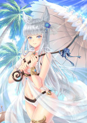 Rule 34 | 1girl, animal ears, artist name, bare shoulders, bikini, blue bow, blue flower, blue rose, blue sky, blush, bow, breasts, cloud, cloudy sky, commentary request, day, erune, fingernails, flower, granblue fantasy, hair flower, hair ornament, holding, holding umbrella, korwa, korwa (summer) (granblue fantasy), long hair, looking at viewer, medium breasts, navel, outdoors, palm tree, parasol, parted lips, rose, see-through, signature, silver hair, sky, smile, solo, standing, striped, striped bow, sunlight, swimsuit, tree, umbrella, very long hair, villyane, white bikini, white umbrella