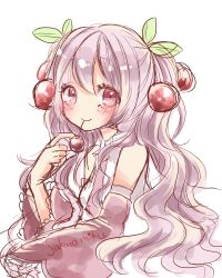 Rule 34 | 1girl, blouse, blush, cherry, cherry blossoms, cherry hair ornament, detached sleeves, english text, female focus, food, food-themed hair ornament, food in mouth, fruit, hair ornament, hatsune miku, highres, looking at viewer, pink eyes, pink hair, runa0000, sakura miku, shirt, sketch, sleeveless, sleeveless shirt, smile, solo, twintails, upper body, vocaloid, white background, white shirt