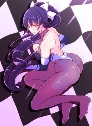 Rule 34 | 1girl, ass, azur lane, black hair, black pantyhose, bodystocking, bow, brown eyes, checkered background, commentary request, full body, gel (guyver123), hair flaps, highres, long hair, lying, multicolored leotard, on side, one-piece thong, pantyhose, ponytail, race queen, solo, takao (azur lane), takao (full throttle charmer) (azur lane), two-tone leotard, white bow