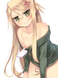 Rule 34 | 1girl, anger vein, angry, arima senka, bare shoulders, blonde hair, blush, bottomless, breast slip, breasts, cleavage, cursor, glasses, green eyes, kashiwamochi yomogi, long hair, naked sweater, nipples, no pants, one breast out, original, simple background, solo, sweater
