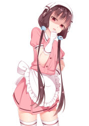 Rule 34 | 1girl, absurdres, apron, black hair, blend s, gloves, hand on own hip, hand up, highres, looking at viewer, piki, pink skirt, red eyes, sakuranomiya maika, shaded face, skirt, solo, twintails, waitress, white gloves, white legwear