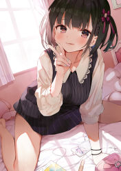 Rule 34 | 1girl, bed, black dress, blunt bangs, blush, braid, breasts, brown eyes, brown hair, cellphone, check copyright, collarbone, collared shirt, commentary request, copyright request, curtains, dress, earphones, fingernails, gaou (umaiyo puyoman), hair ribbon, highres, indoors, long sleeves, looking at viewer, medium breasts, medium hair, on bed, one side up, original, phone, purple ribbon, ribbon, shirt, sitting, sleeveless, sleeveless dress, smile, solo, striped, stuffed toy, tongue, tongue out, v, white shirt