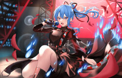 Rule 34 | 1girl, absurdres, bare legs, black gloves, black nails, blue eyes, blue fire, blue hair, concert, ear piercing, fire, floating hair, floral print, flower, gloves, hair ribbon, high ponytail, highres, holding, holding microphone, hololive, hoshimachi suisei, hoshimachi suisei (shout in crisis), idol, kneeling, long hair, microphone, official alternate costume, official alternate hairstyle, on one knee, open mouth, petals, piercing, red flower, red rose, ribbon, rose, rose petals, rose print, shinigami kiraki, single glove, solo, stage, star (symbol), star in eye, symbol in eye, teeth, virtual youtuber