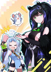 Rule 34 | !, 2girls, = =, animal ears, black hair, blue archive, blush stickers, chinese clothes, commentary request, detached sleeves, fang, forehead, green eyes, hair ornament, highres, mouse (animal), mouse ears, multiple girls, nezusuke (blue archive), omochishiki, open mouth, ribbon, saya (blue archive), shorts, shun (blue archive), silver hair, vial
